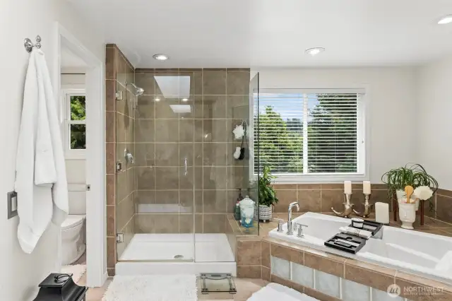 The huge walk in shower and soaking tub are waiting to provide a relaxing spa experience.