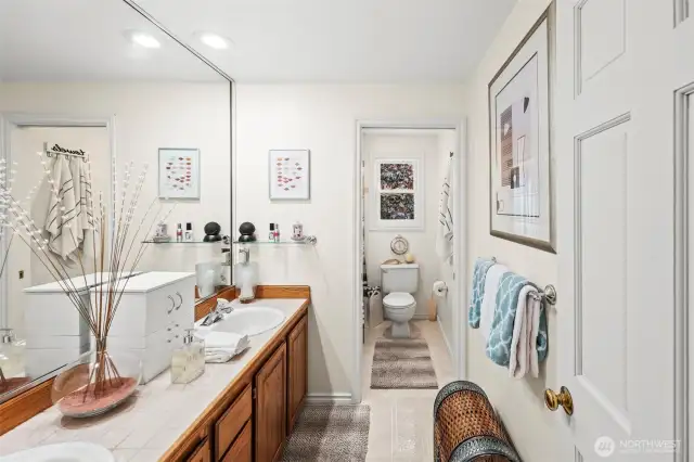The guest bath host double sinks.