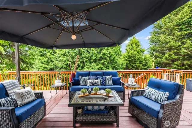 The tree lined backyard extend privacy for the entire deck.