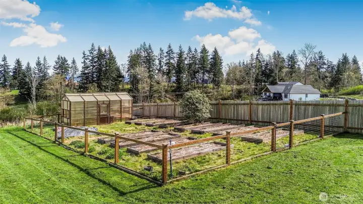 The fenced in garden and a greenhouse. The perfect space!