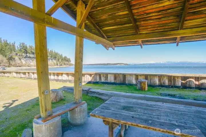 One of the covered picnic areas at one of the three private beaches of the Camano Country Club.