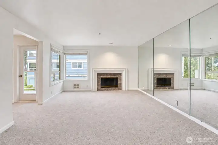 Open & Bright Living Room, Wood FP & Sound View Windows