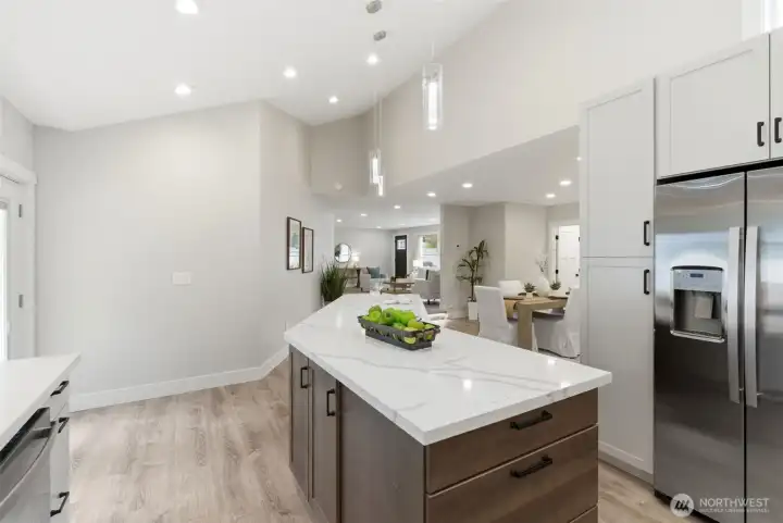 SO much storage space! And you can easily reconfigure your furniture to have eating space by the French doors and use the "dining" area as a rec room