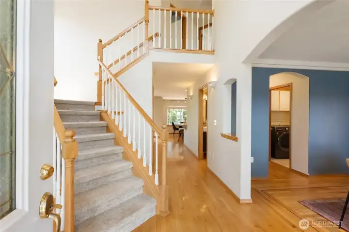 Stairs with large landing half way up, perfect for a small reading nook