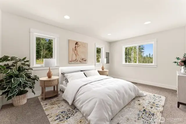 Main Suite with view of Mt. Rainier. virtual staging for size and space reference.