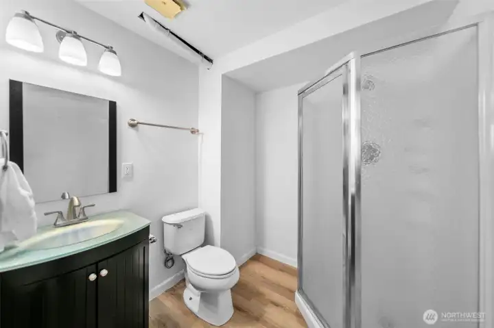 Lower level bathroom with shower.