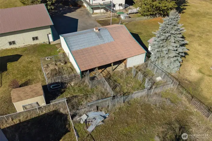 Aerial view of corral space & outbuildings.