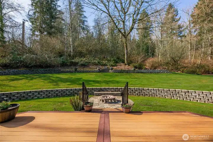 Private back yard with large Deck leading to your firepit area
