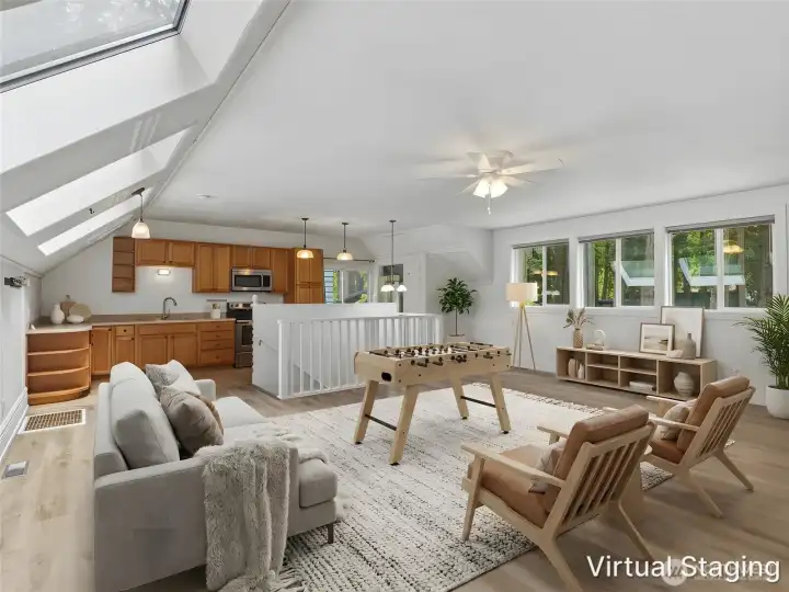 Great room layout in the Carriage house unites 2nd kitchen and living space