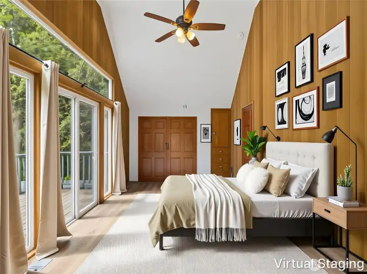Carriage House Bedroom and Balcony overlooking greenhouse and garden