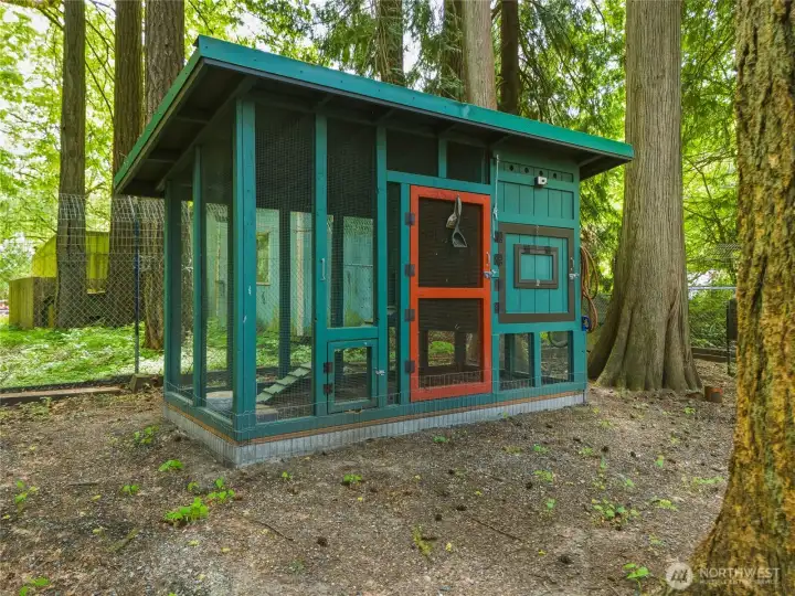 Fenced chicken coop and yard with water and power