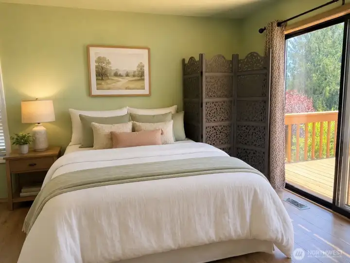 Primary bedroom opens to deck and has a continental full bath attached. Primary bedroom opens to deck and has a continental full bath attached.