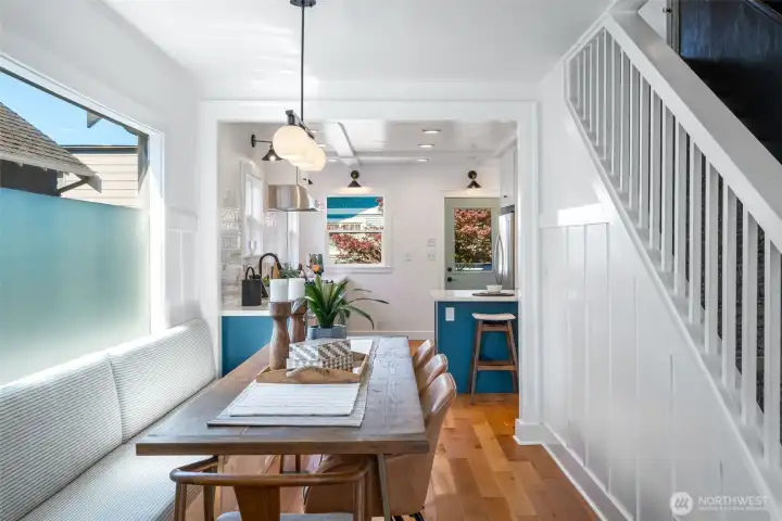 Excellent light as you see through to the back of the house and the amazing kitchen. The window just has privacy film on it, the view is of the neighbors home and the driveway.