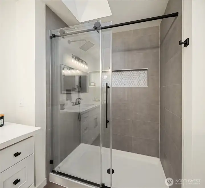 Large primary shower and skylight.