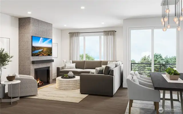 Rendering great room with adjoining casual dining area open onto the covered deck.