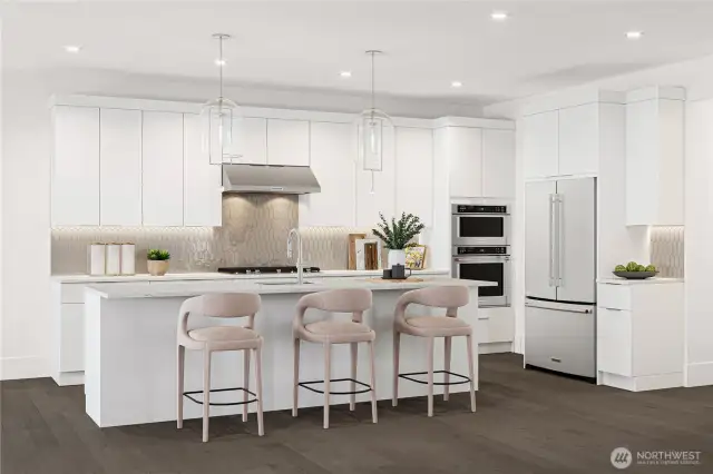 Rendering of the kitchen with an oversized island with an eating bar, quartz countertops, and a walk-in pantry.