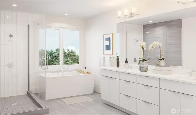 Rendering of luxurious bathroom with free-standing soaking tub and a walk-in shower.
