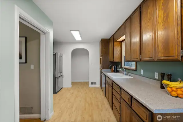 Large kitchen with eating area.