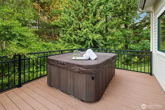Tucked into a private corner of the elevated deck, the included 3-person saltwater hot tub offers a serene retreat with views into the surrounding evergreens. With its easy maintenance and therapeutic benefits, the saltwater system provides a gentle, spa-like experience—perfect for unwinding after a day of adventure or simply soaking under the stars. It’s a peaceful outdoor feature that adds everyday luxury to this already tranquil setting.