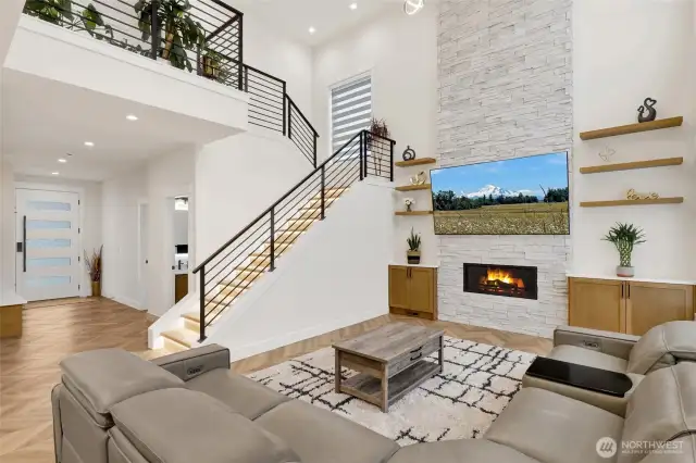 cabinets and shelves next to fireplace