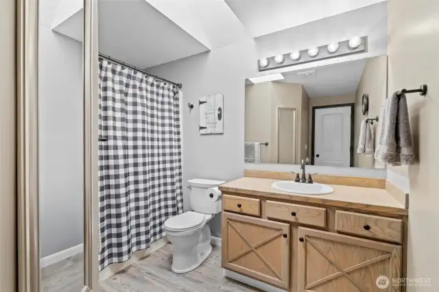 The main bathroom is light and bright, thanks to a large skylight that fills the space with natural light. It features a full tub and shower combo, updated fixtures, and a spacious vanity—perfect for guests or everyday living.