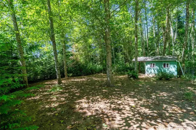 Tucked beneath the trees, this charming outbuilding offers endless possibilities—use it for storage, a workshop, or a rustic campout hideaway. Wired for lighting and power, it’s just a cord away from becoming your next creative or recreational space.