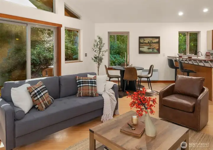 The great room is generous, warm and inviting.