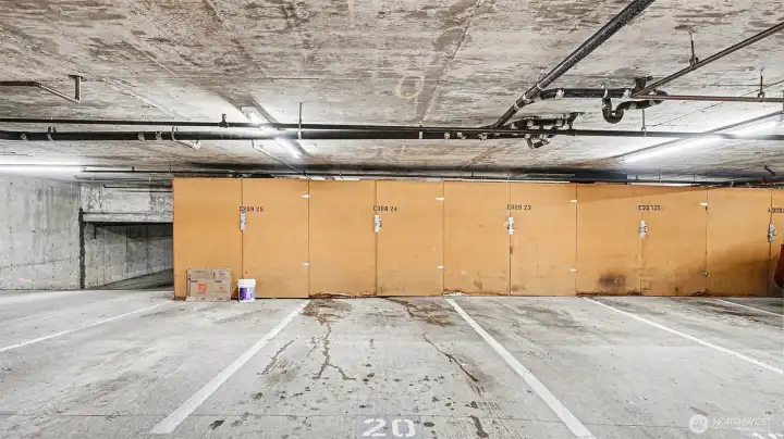 Designated parking with a storage unit.  Space #20