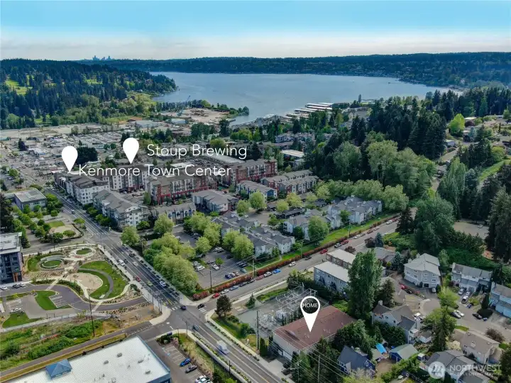Aerial view showcasing prime location just blocks from Kenmore Town Center, Stoup Brewing, and Lake Washington.