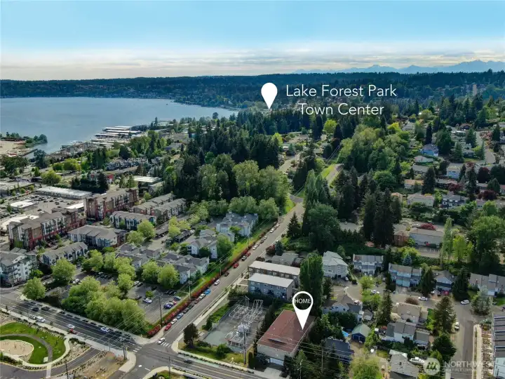 Aerial view highlighting easy access to Lake Forest Park Town Center, Lake Washington, and surrounding amenities.