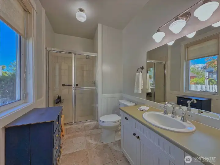 Attached primary bath provides a peaceful and convenient extension of the suite. Attached primary bath provides a peaceful and convenient extension of the suite.