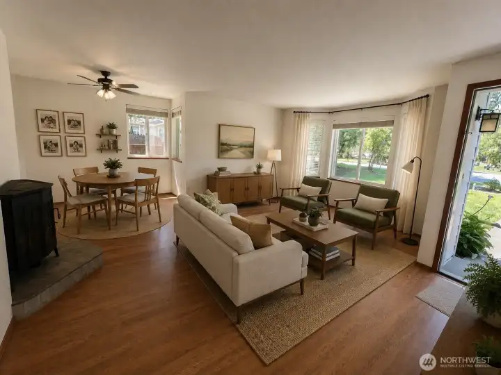 Virtually staged entry to living and dining rooms