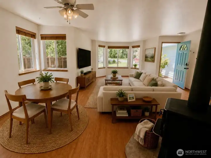 Virtually staged dining area and living area in Great Room style. Lots of windows for natural indoor light.