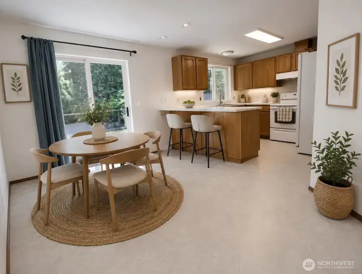 Virtually staged, spacious eat in kitchen with nice territorial views