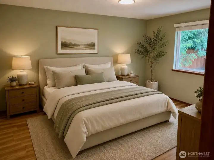 Virtually staged primary bedroom