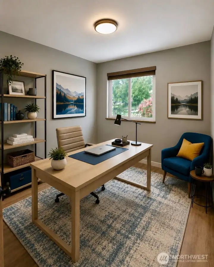 2nd of three bedrooms is virtually staged as an office