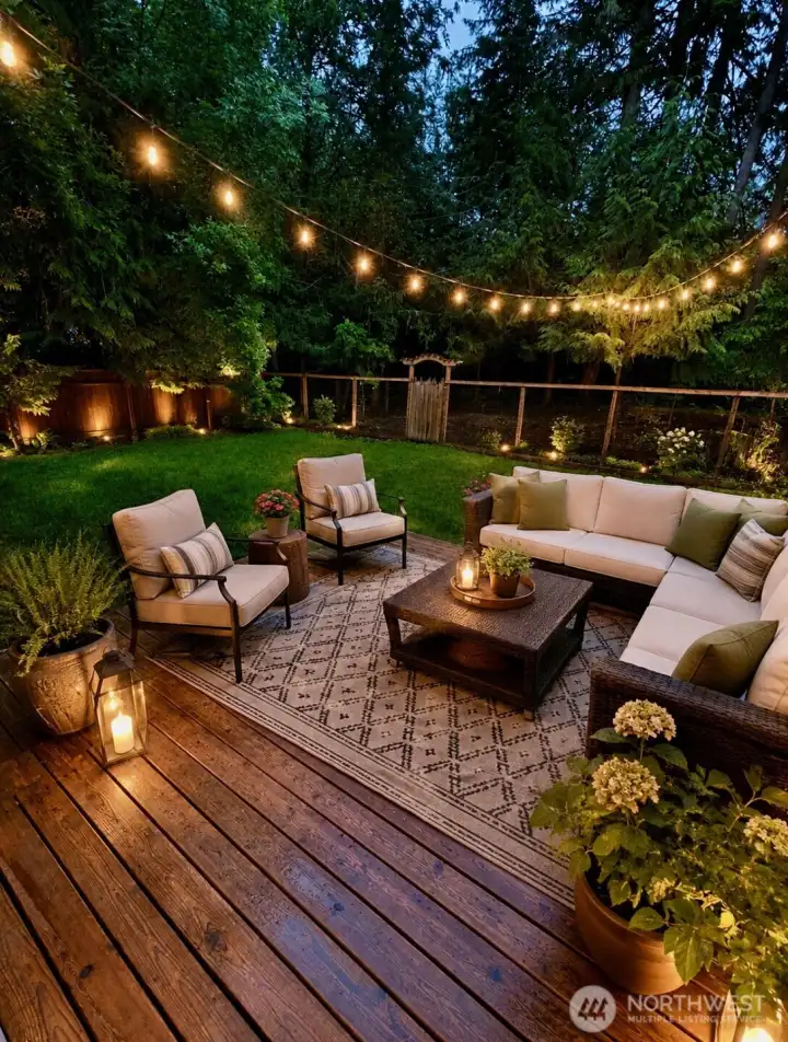 Virtually staged Large deck in private backyard; all lighting is virtually staged