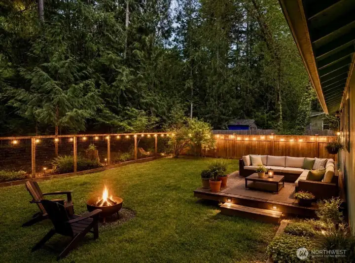 Virtually staged backyard including all lighting.  Imagine the fun!
