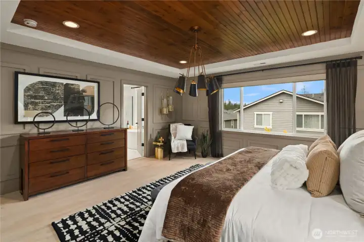 Primary bedroom with dual closets custom blinds and drapes. Primary bedroom with dual closets custom blinds and drapes.
