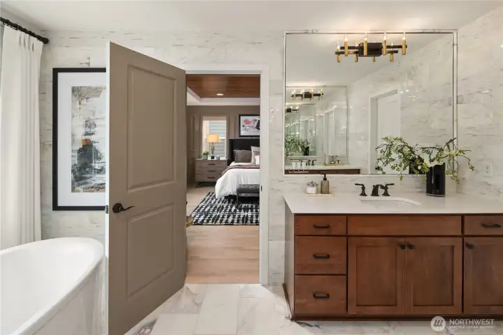 Primary bath meant as your private sanctuary with full height tile and marble accents. Primary bath meant as your private sanctuary with full height tile and marble accents.