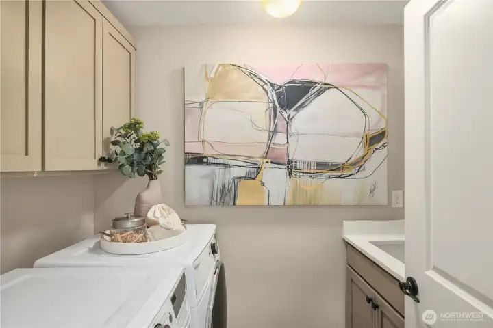 Laundry with sink and cabinets washer/dryer conveys. Laundry with sink and cabinets washer/dryer conveys.