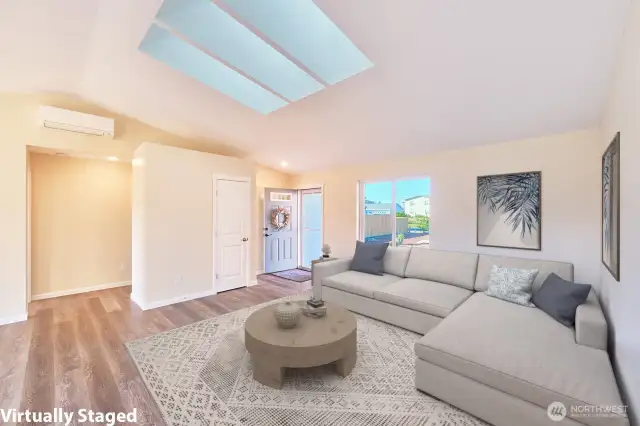 Split floor plan puts primary suite at one end of house and guest bedroom, office and 3/4 bath with accessible shower, at the other
