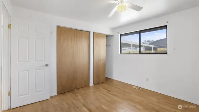 Bedroom #1: lots of closet space for your clothes and shoes, and the ceiling fan is very handy for those summer days!