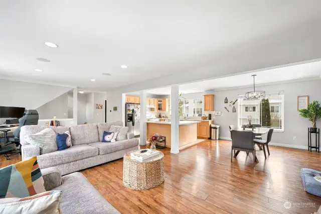 Spacious look at living room, Dining room, and Kitchen.