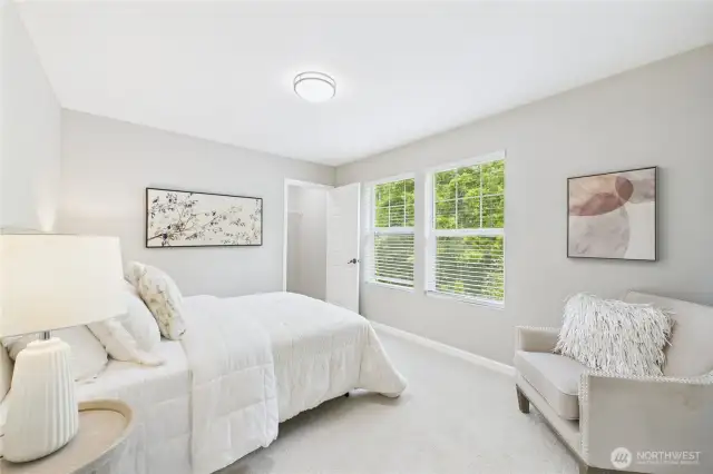 An incredibly spacious 3rd room with walk-in closet, featuring plush carpeting, elegant lighting. Natural light and soothing tones create the perfect ambiance for rest and relaxation.