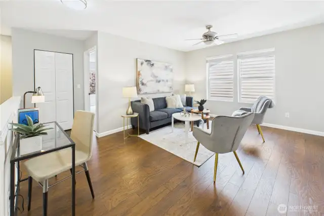 This spacious upstairs loft offers endless possibilities—use it as a second living area, media room, home office, or easily convert it into a 4th bedroom, complete with an existing walk-in closet. Bright and inviting with warm hardwood floors and multiple windows, it’s a flexible space designed to adapt to your lifestyle.
