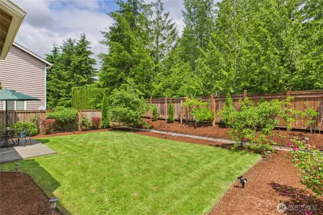 This beautifully maintained fully fenced backyard offers a peaceful retreat with a lush lawn, mature landscaping, and a backdrop of evergreens. A perfect space for play, gardening, or simply relaxing in the fresh air.