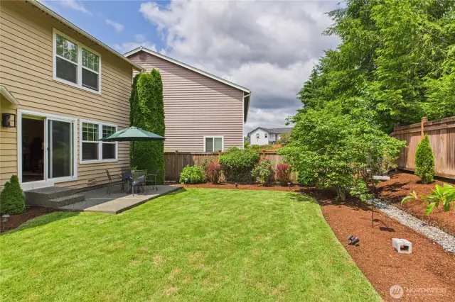 Step outside to your private backyard paradise—a combination of green lawn, vibrant garden beds, and a dedicated patio zone ready for your next BBQ or evening unwind under the stars.