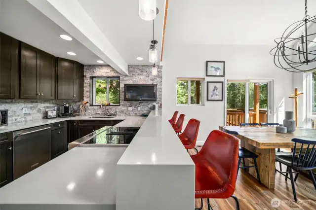 Chalet kitchen, bar, dining area.