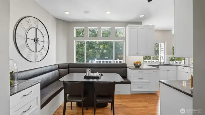 The dining room has been specially updated with a banquette seating arrangement at the same time the kitchen was being totally redesigned and improved.   The views are peaceful and private.